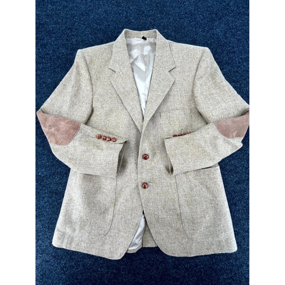 VTG WFF By Farah Sport Coat Mens 42S Beige Wool Tweed Suede Elbow Patch Formal